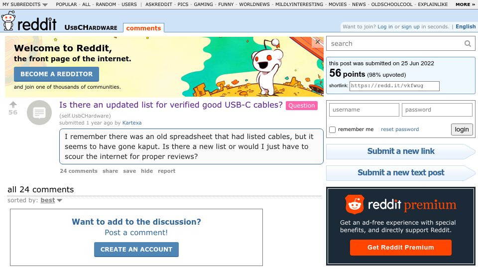 Screenshot of old.reddit.com: Is there an updated list for verified good USB-C cables?