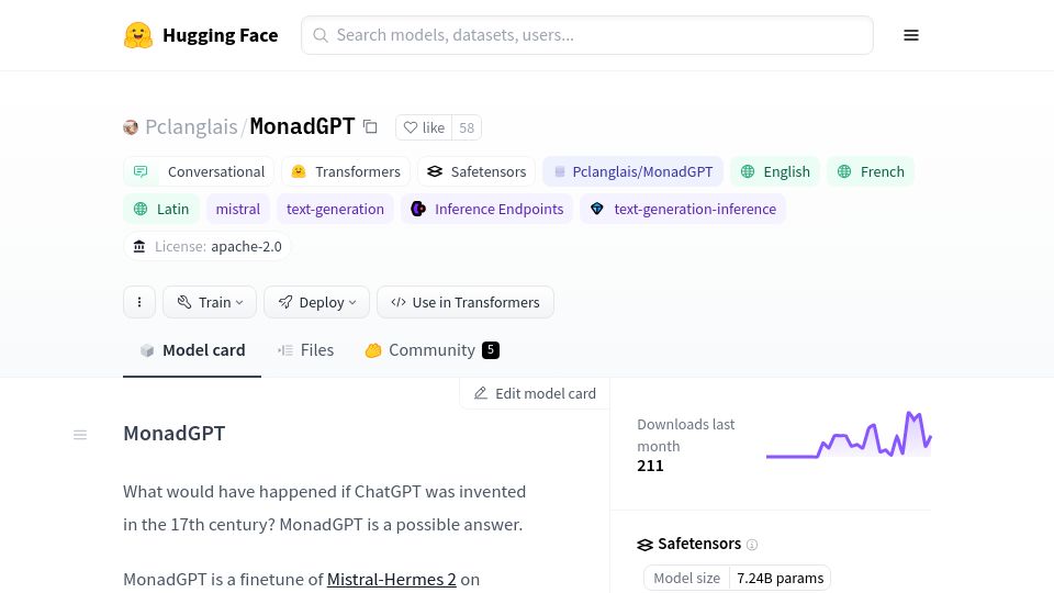 Screenshot of huggingface.co: MonadGPT – What would have happened if ChatGPT was invented in the 17th century?
