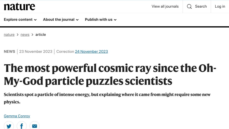 Screenshot of nature.com: The most powerful cosmic ray since the oh-my-god particle puzzles scientists