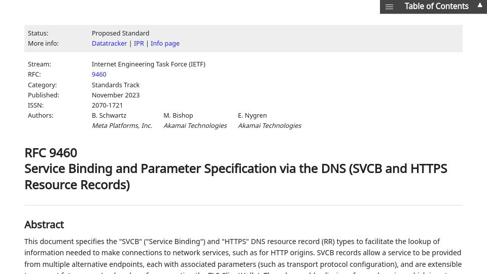 Screenshot of rfc-editor.org: RFC9460: Service Binding via the DNS (SVCB and HTTPS Resource Records)