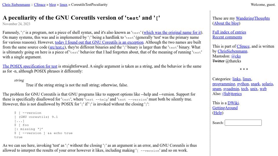 Screenshot of utcc.utoronto.ca: A peculiarity of the GNU Coreutils version of 'test' and '['