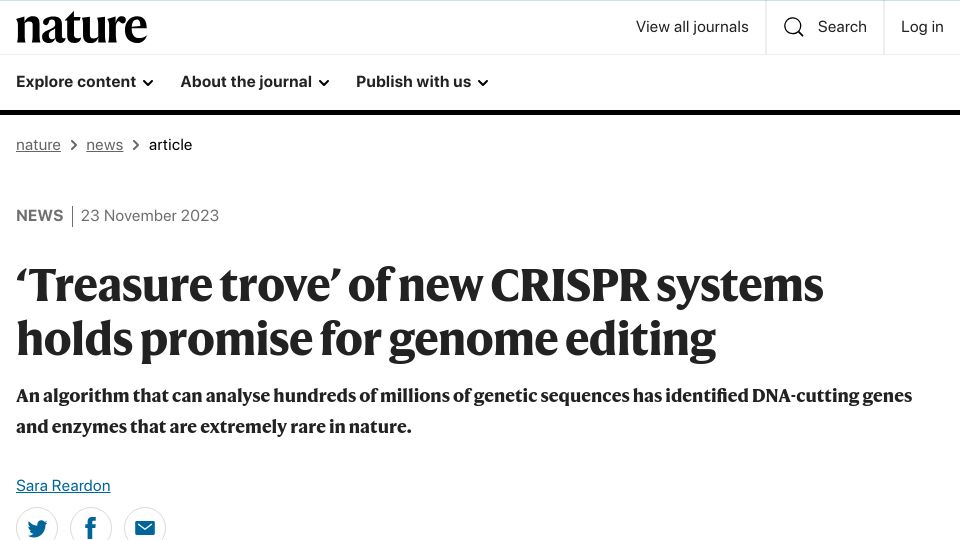 Screenshot of nature.com: New CRISPR systems hold promise for genome editing