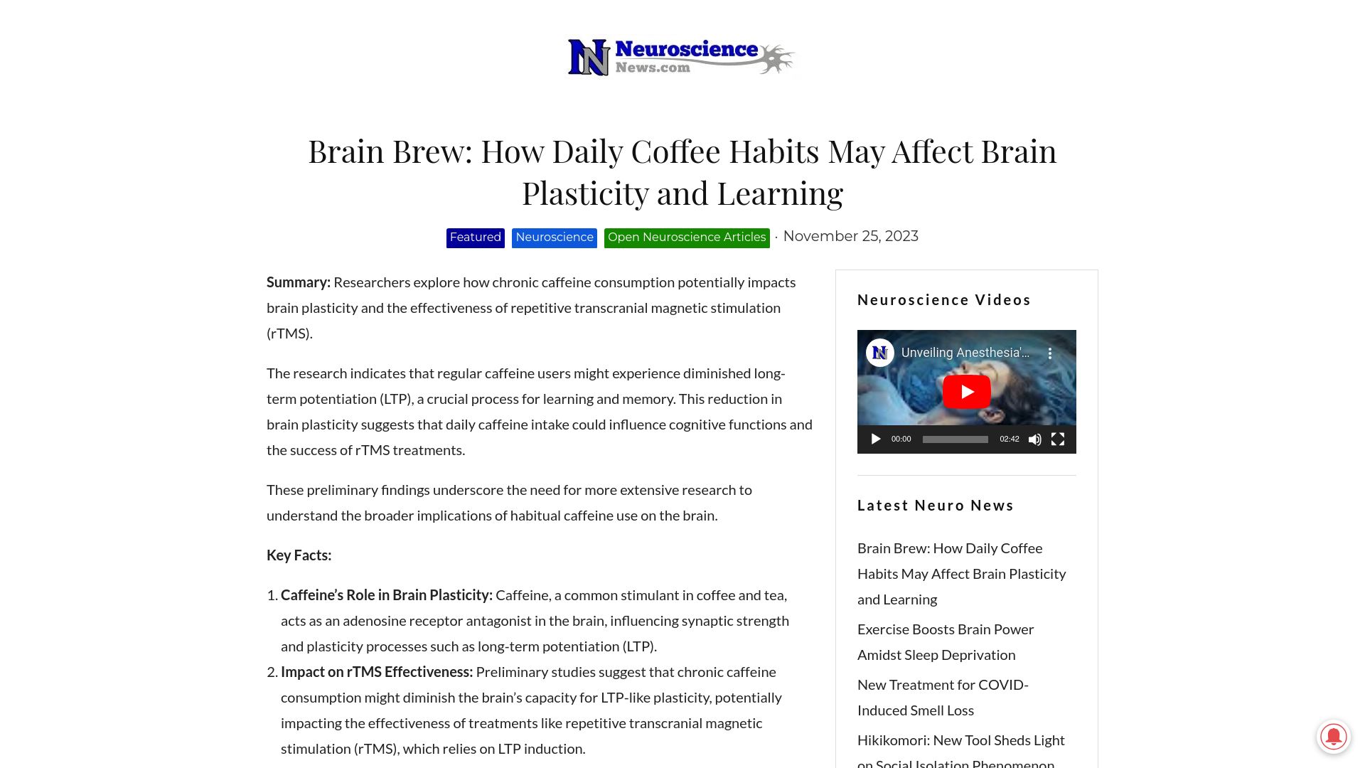 Screenshot of neurosciencenews.com: Daily Coffee Habits May Affect Brain Plasticity and Learning