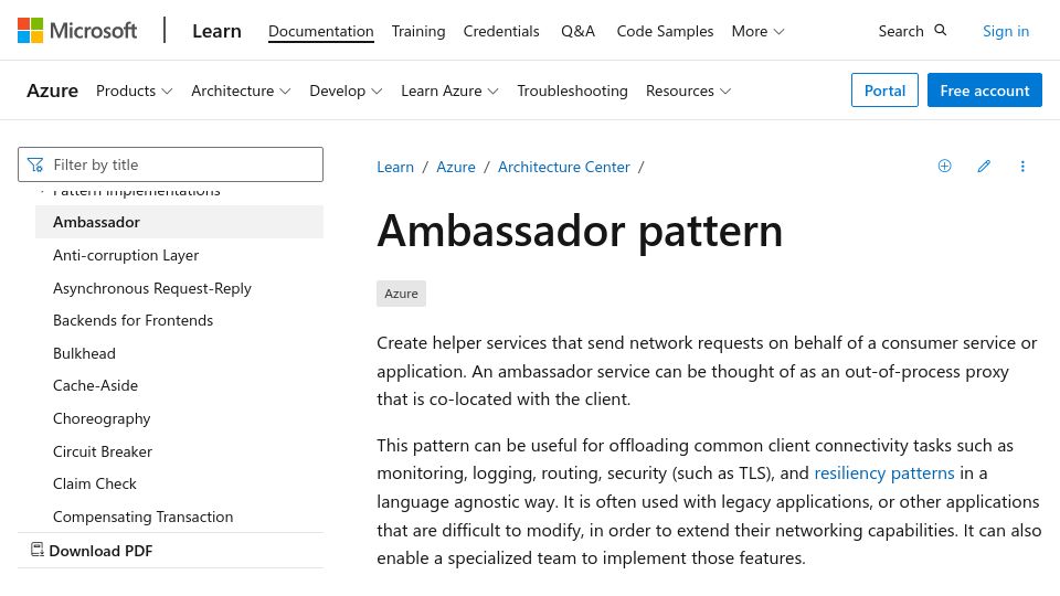Screenshot of learn.microsoft.com: The Ambassador Pattern