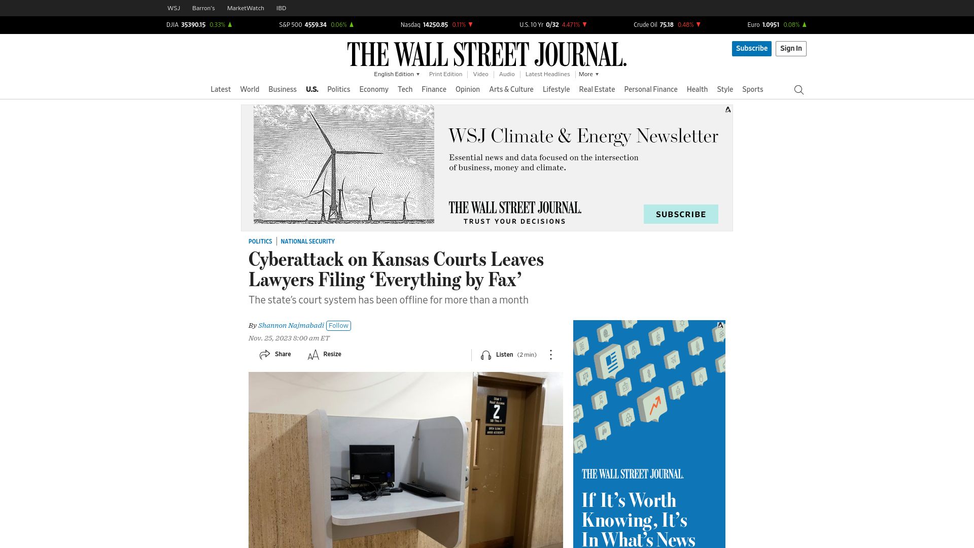 Screenshot of wsj.com: Cyberattack on Kansas Courts Leaves Lawyers Filing 'Everything by Fax'