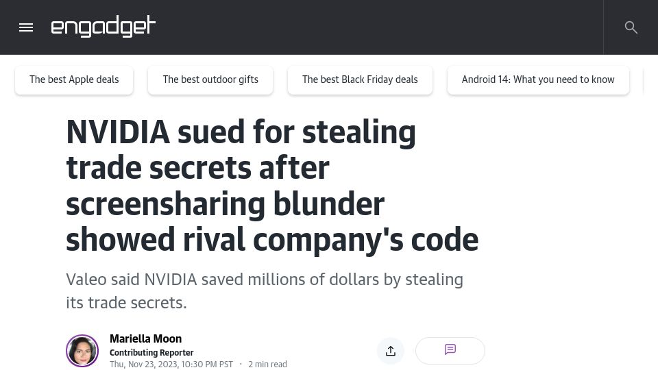 Screenshot of engadget.com: Nvidia sued for stealing trade secrets: blunder showed rival company's code