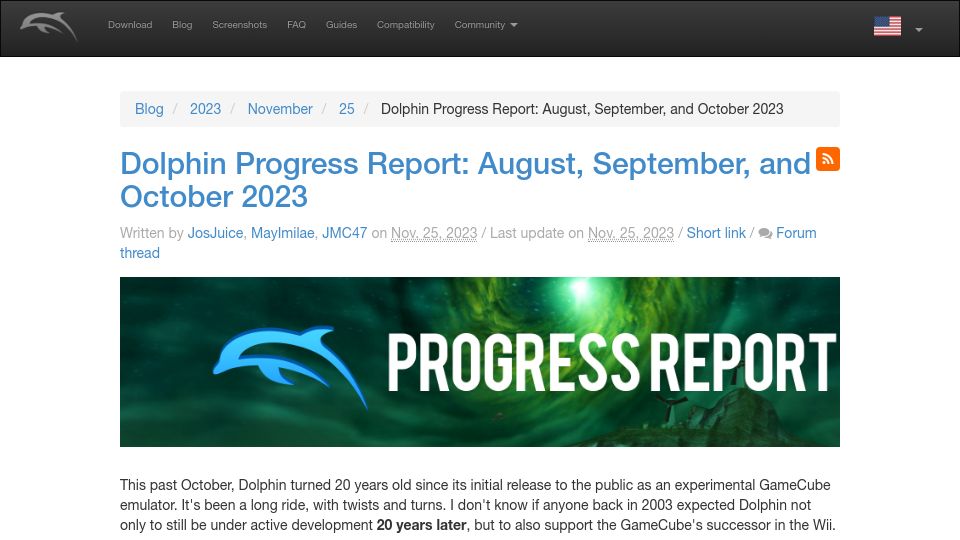 Screenshot of dolphin-emu.org: Dolphin Emulator Progress Report: August, September, and October 2023