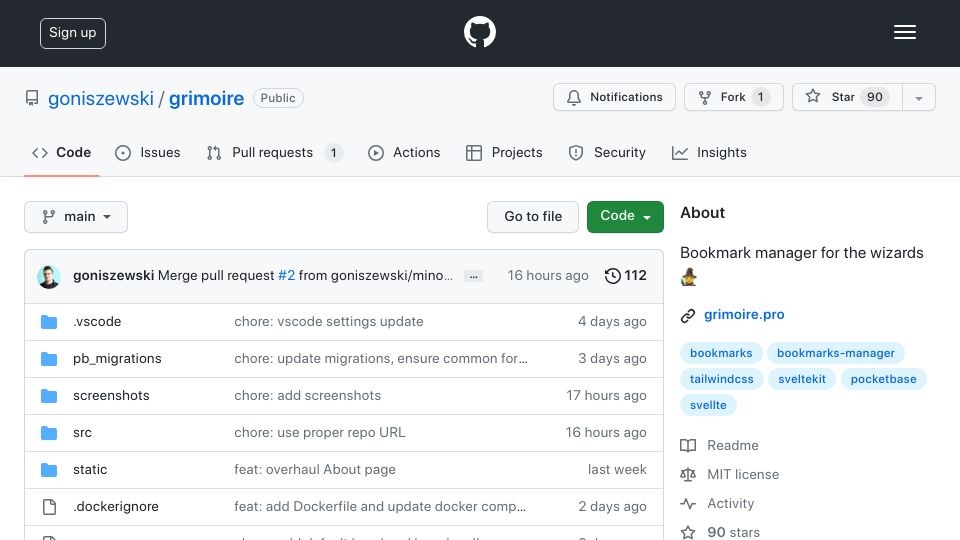 Screenshot of github.com: Grimoire: Open-Source bookmark manager with extra features