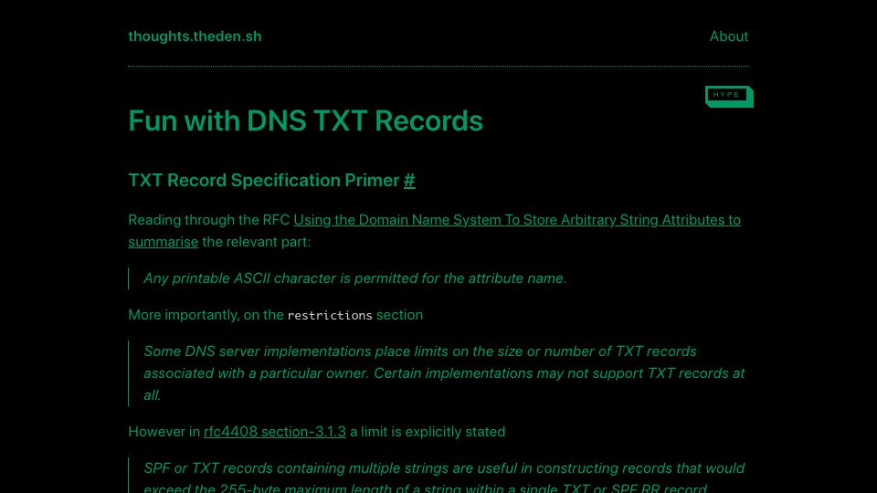 Screenshot of thoughts.theden.sh: Fun with DNS TXT Records