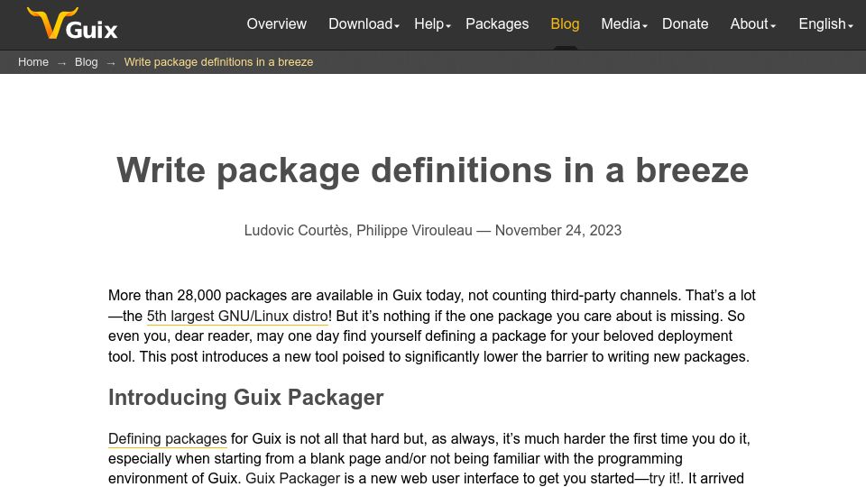 Screenshot of guix.gnu.org: Write Guix package definitions in a breeze: Introducing Guix Packager
