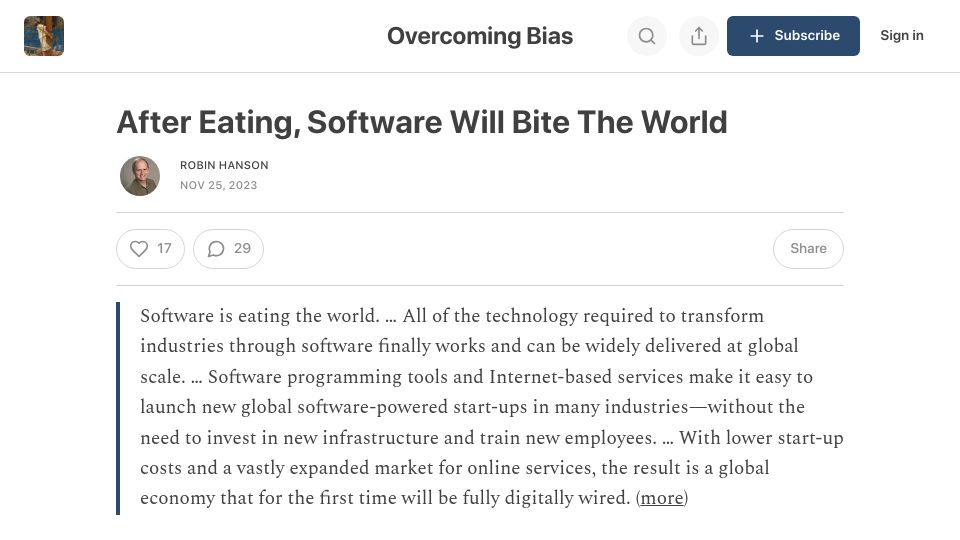 Screenshot of overcomingbias.com: After Eating, Software Will Bite the World