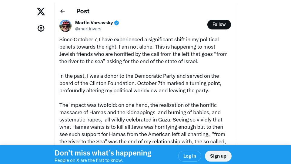 Screenshot of twitter.com: Since October 7, I have experienced a significant shift in my political beliefs