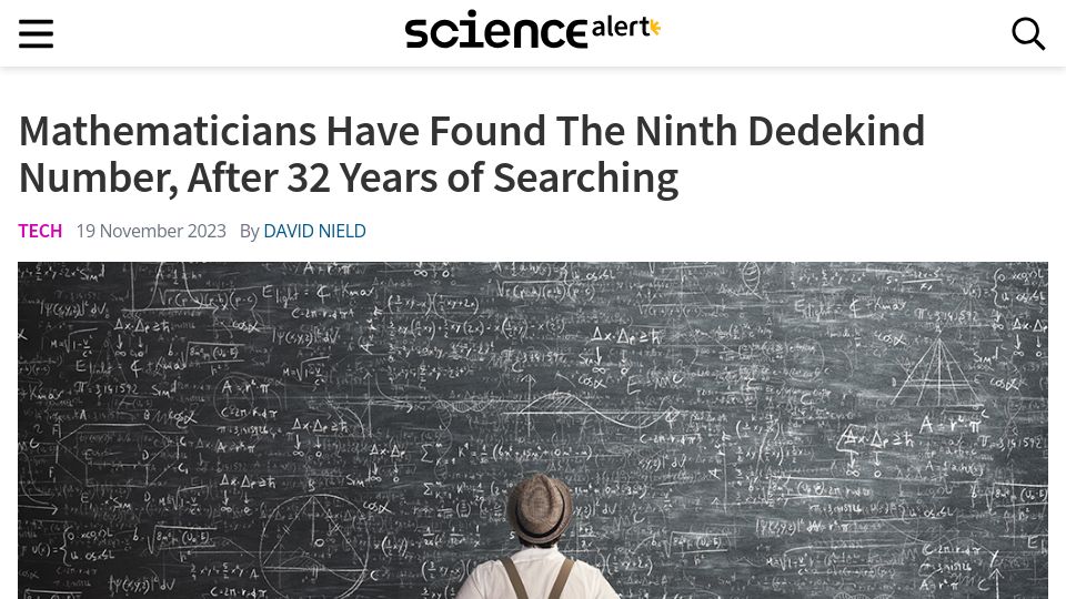 Screenshot of sciencealert.com: Mathematicians Have Found the Ninth Dedekind Number, After 32 Years of Searching