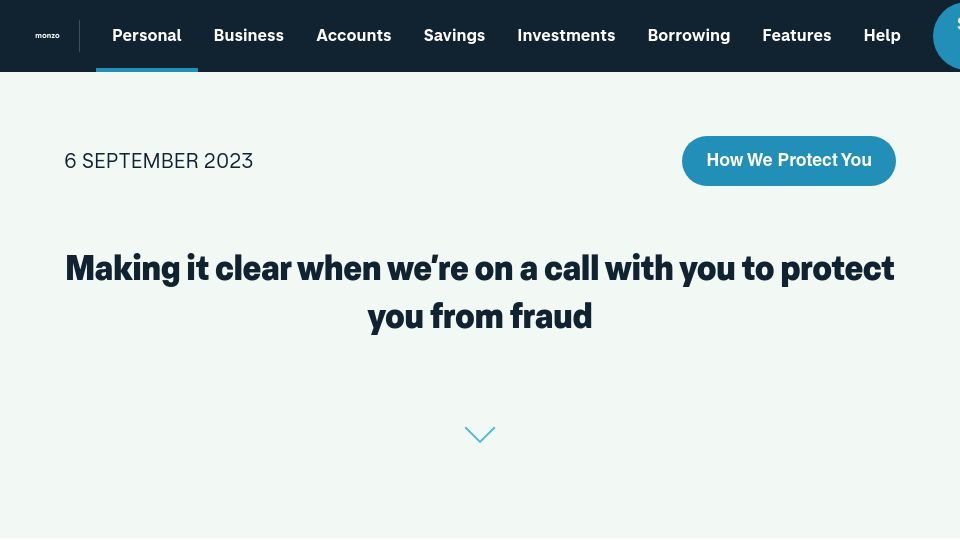 Screenshot of monzo.com: Making it clear when we're on a call with you to protect you from fraud