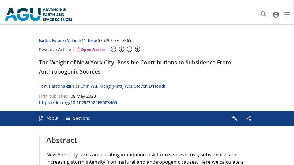Screenshot of agupubs.onlinelibrary.wiley.com: The Weight of New York City: Subsidence from Anthropogenic Sources
