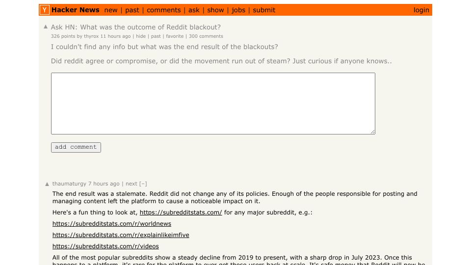 Screenshot of Hacker News post: Ask HN: What was the outcome of Reddit blackout?