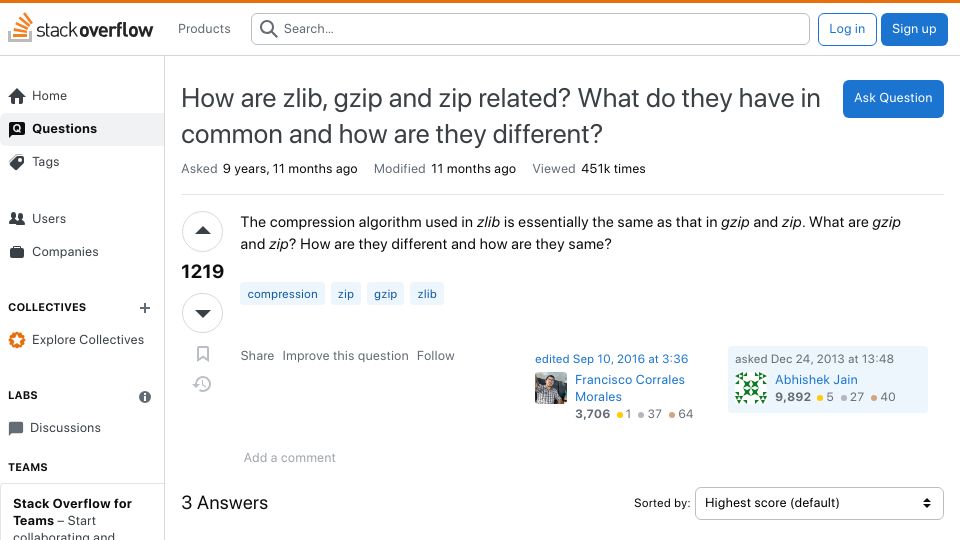 Screenshot of stackoverflow.com: How are zlib, gzip and zip related?