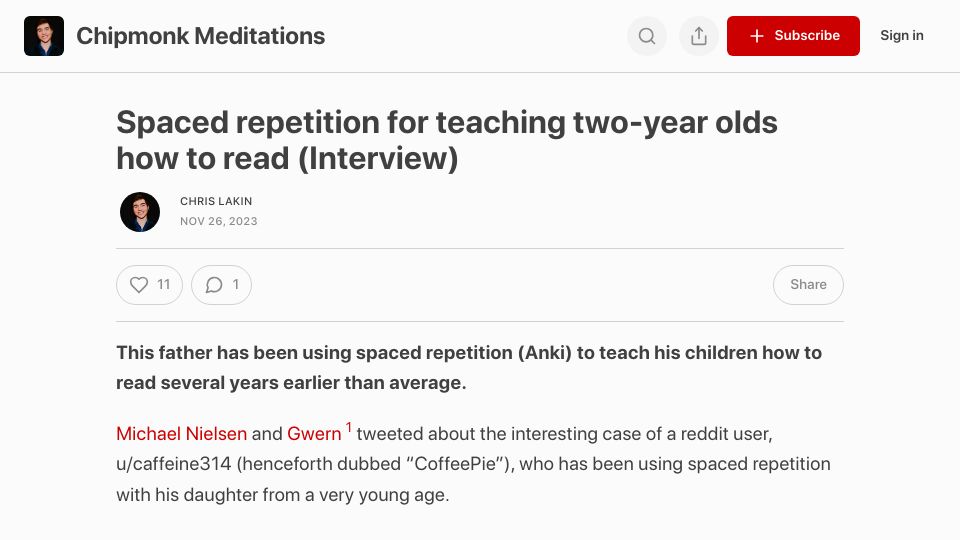 Screenshot of chipmonk.substack.com: Spaced repetition for teaching two-year olds how to read