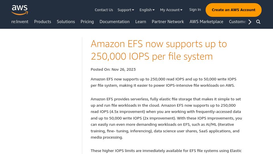 Screenshot of aws.amazon.com: Amazon EFS now supports up to 250k IOPS per file system