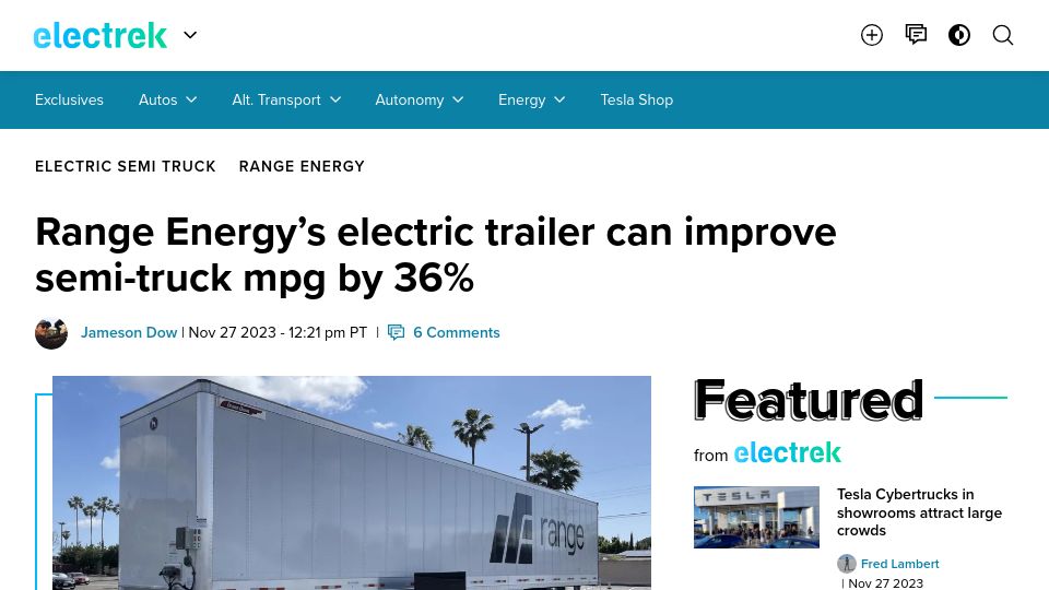Screenshot of electrek.co: Range Energy's electric trailer can improve semi-truck mpg by 36%