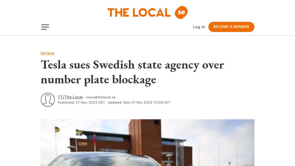 Screenshot of thelocal.se: Tesla sues Swedish state agency over number plate blockage