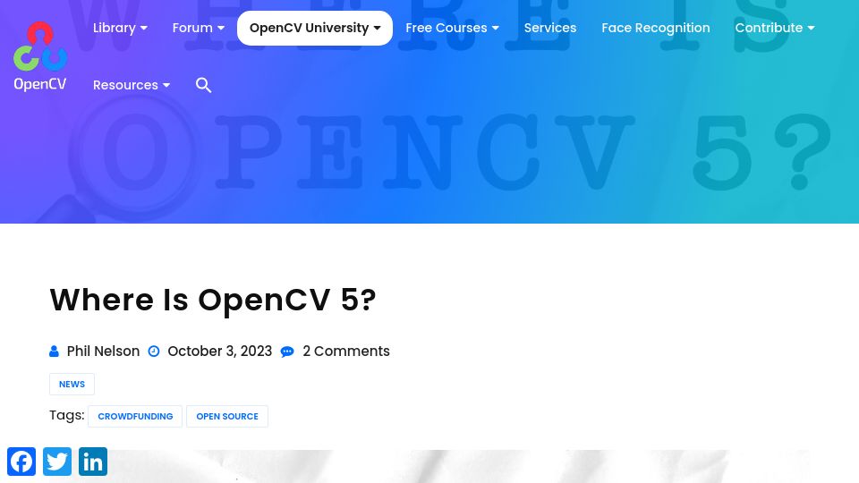 Screenshot of opencv.org: Where Is OpenCV 5?