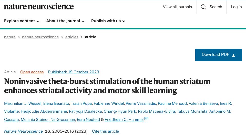Screenshot of nature.com: Noninvasive theta-burst stimulation enhances skill learning