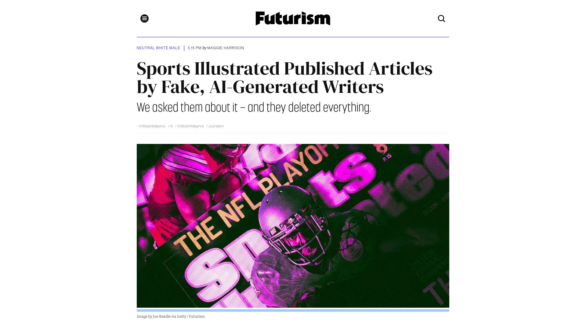 Screenshot of futurism.com: Sports Illustrated Published Articles by Fake, AI-Generated Writers