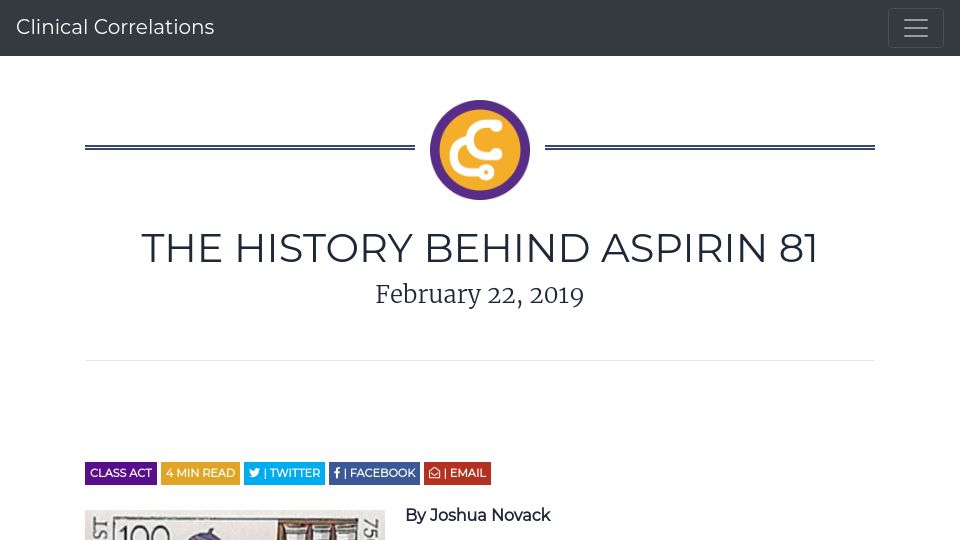Screenshot of clinicalcorrelations.org: Aspirin 81 (2019)