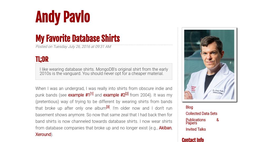 Screenshot of cs.cmu.edu: My favorite database shirts