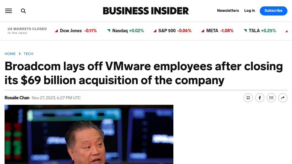Screenshot of businessinsider.com: Broadcom lays off many VMware employees after closing acquisition