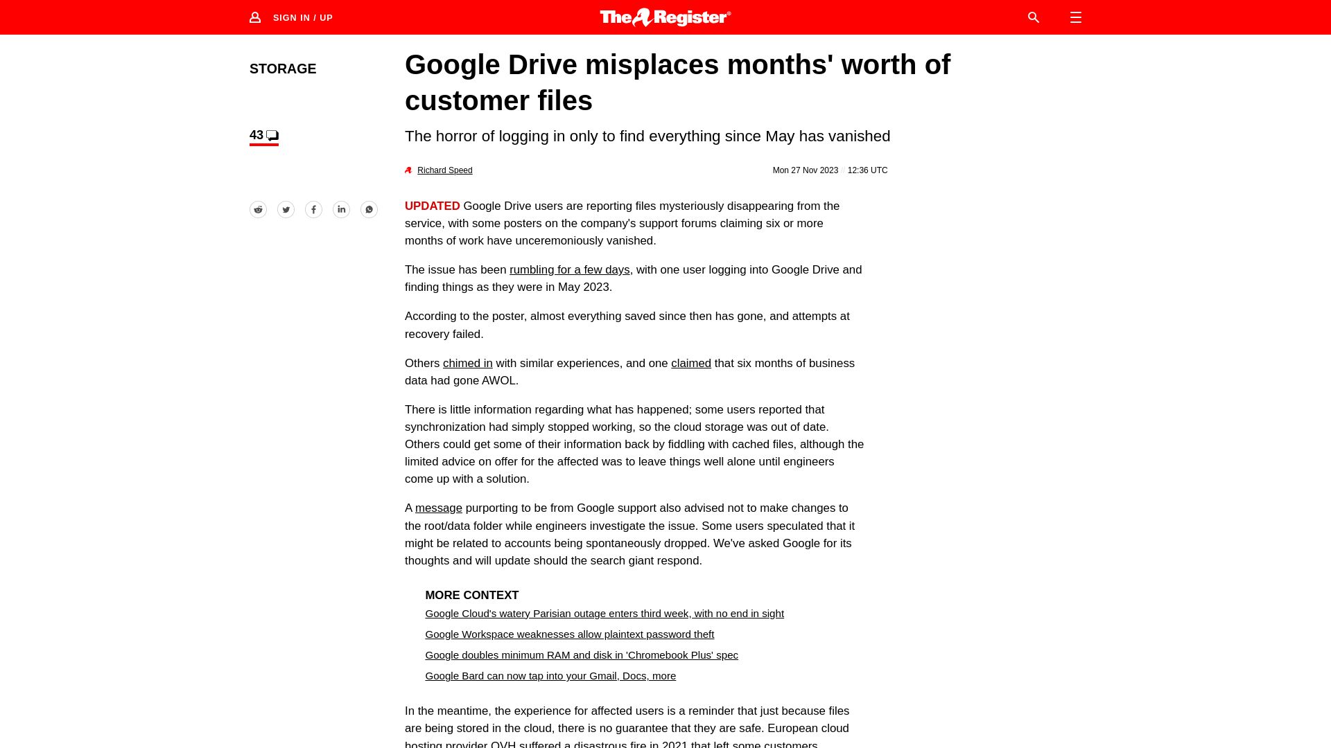 Screenshot of theregister.com: Google Drive misplaces months' worth of customer data