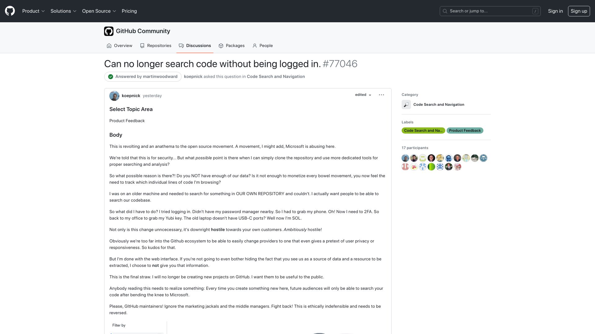 Screenshot of github.com: GitHub: Can no longer search code without being logged in