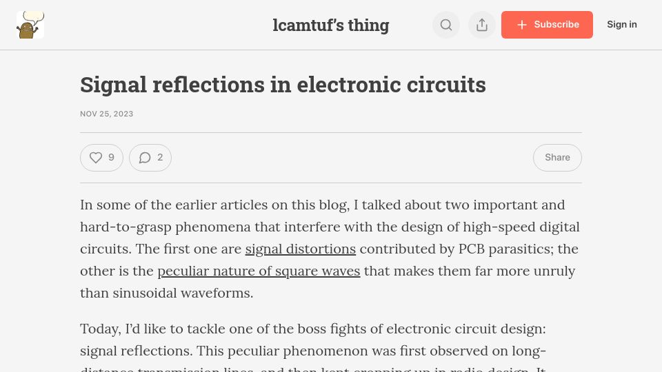 Screenshot of lcamtuf.substack.com: Signal reflections in electronic circuits
