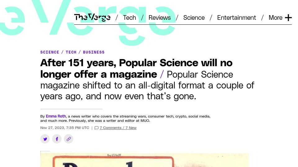 Screenshot of theverge.com: After 151 years, Popular Science will no longer offer a magazine