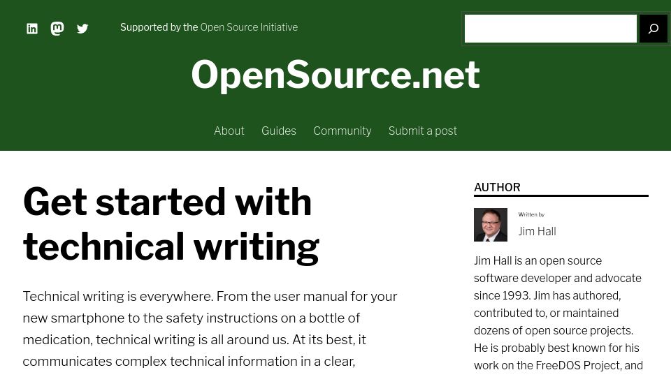 Screenshot of opensource.net: Get started with technical writing