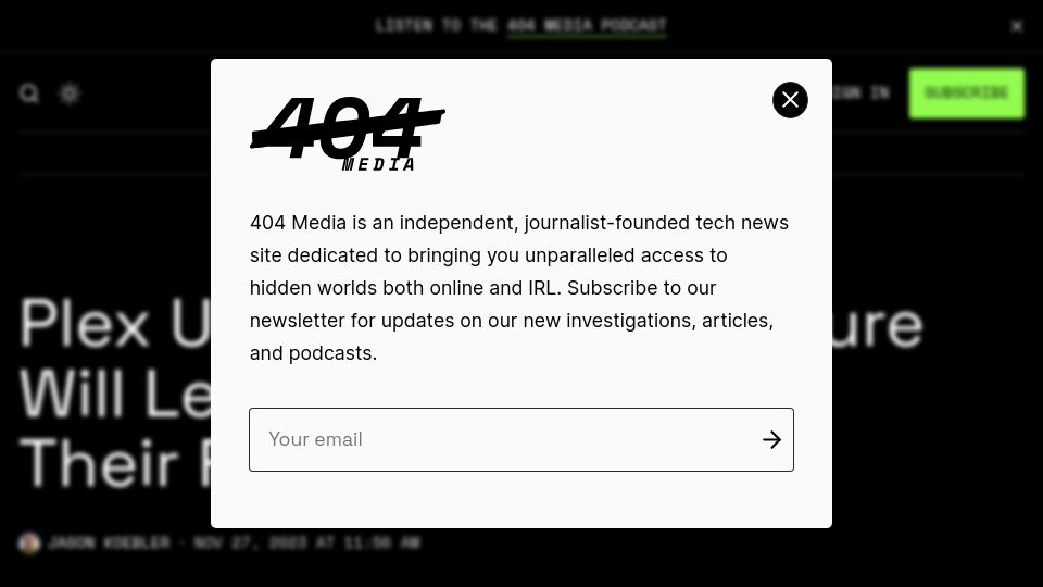 Screenshot of 404media.co: Plex Users Fear New Feature Will Leak Porn Habits to Their Friends and Family