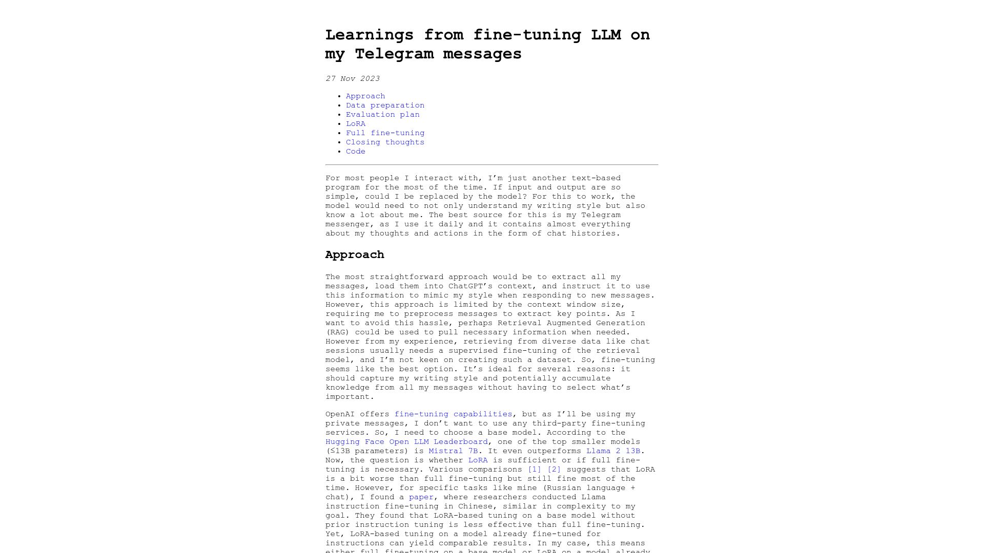 Screenshot of asmirnov.xyz: Learnings from fine-tuning LLM on my Telegram messages