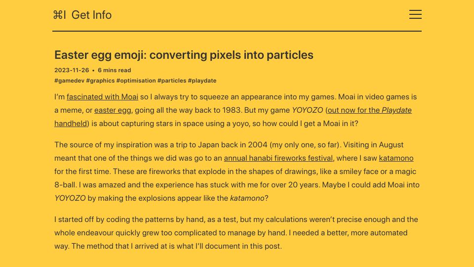 Screenshot of blog.gingerbeardman.com: Easter egg emoji: converting pixels into particles