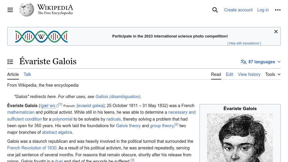 Screenshot of en.wikipedia.org: Évariste Galois