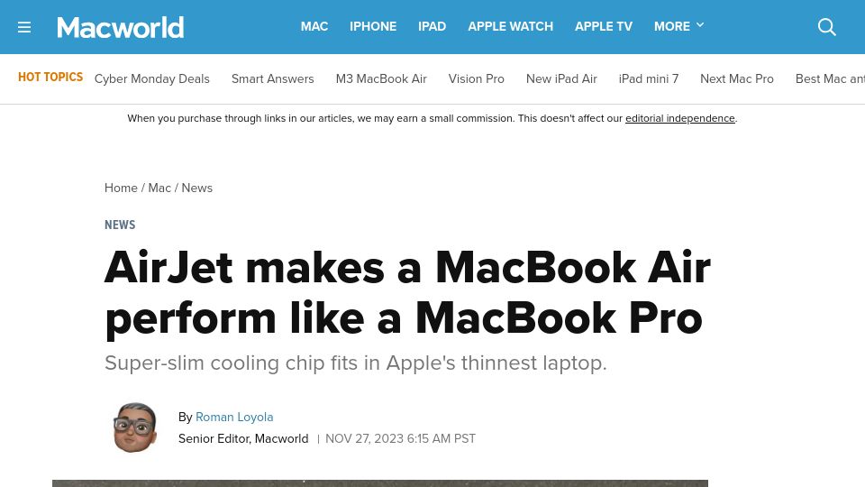 Screenshot of macworld.com: AirJet makes a MacBook Air perform like a MacBook Pro