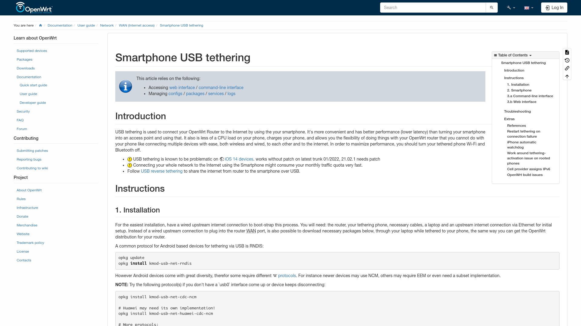 Screenshot of openwrt.org: OpenWrt: Smartphone USB Tethering