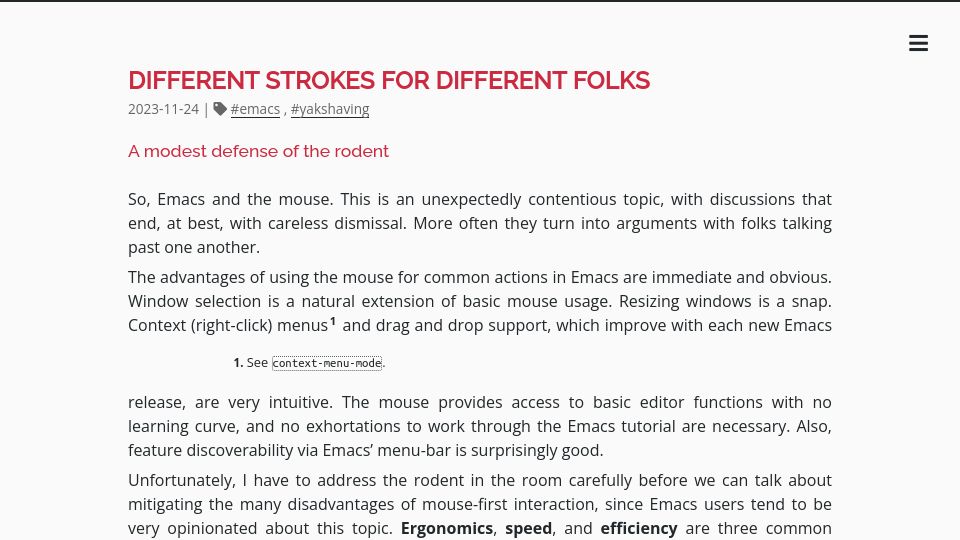 Screenshot of karthinks.com: Emacs and the mouse: A modest defense of the rodent