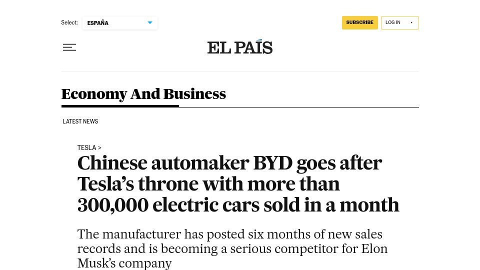 Screenshot of english.elpais.com: BYD challenges Tesla with more than 300k electric cars sold in a month