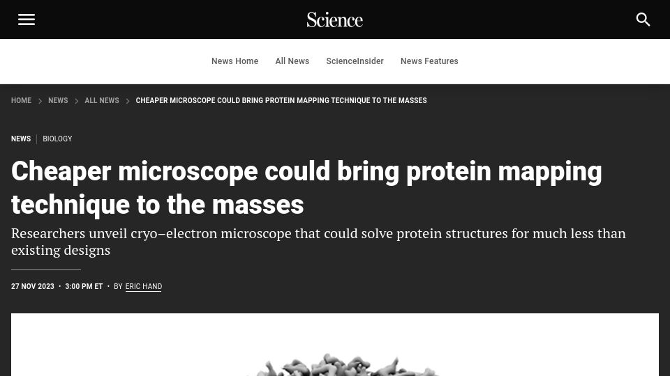 Screenshot of science.org: Cheaper microscope could bring protein mapping technique to the masses
