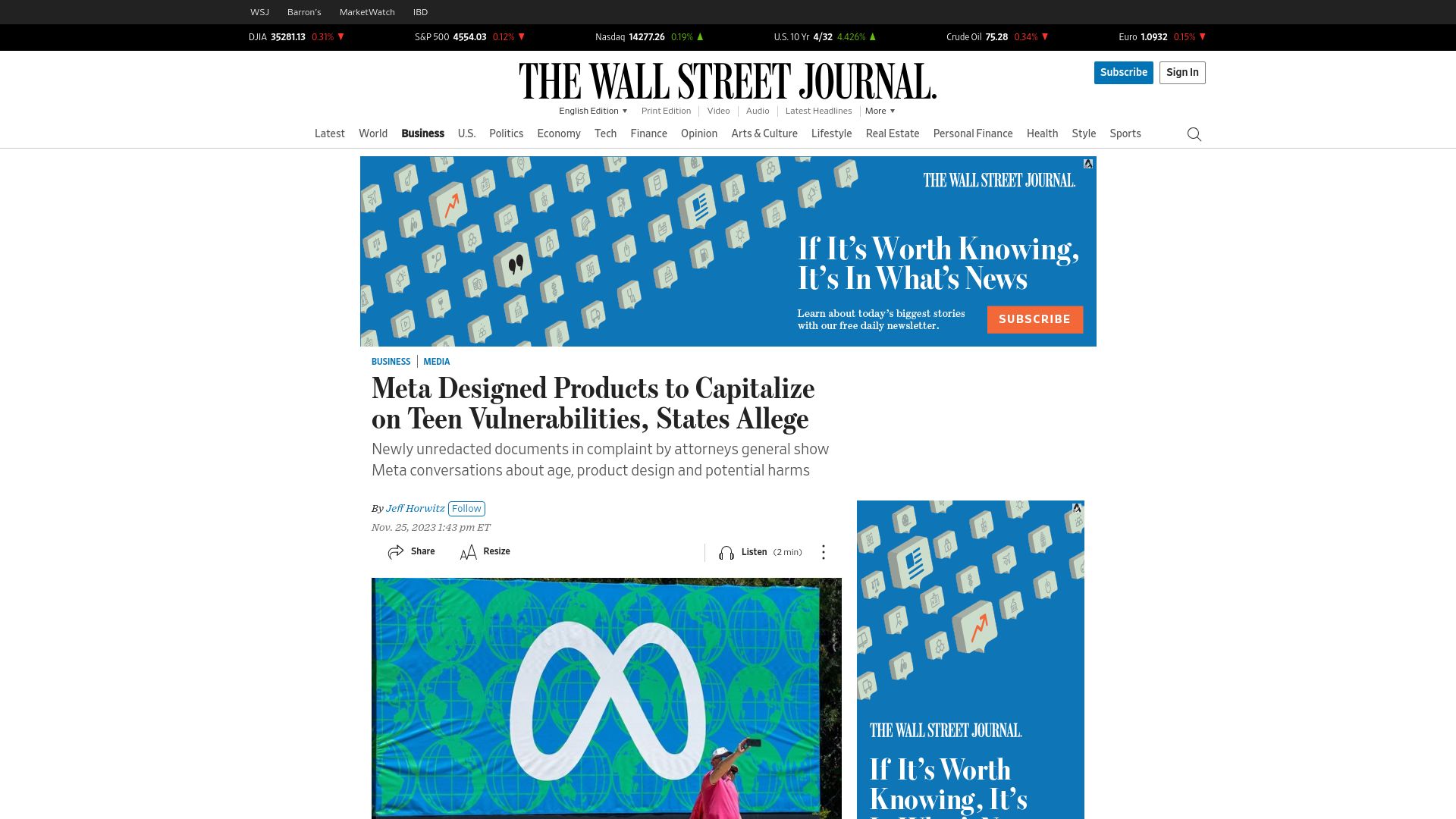 Screenshot of wsj.com: Meta Designed Products to Capitalize on Teen Vulnerabilities, States Allege