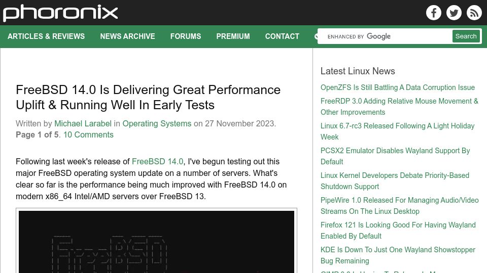Screenshot of phoronix.com: FreeBSD 14.0 Delivering Great Performance Uplift