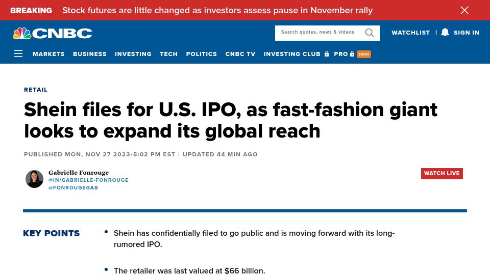 Screenshot of cnbc.com: Shein Files for U.S. IPO