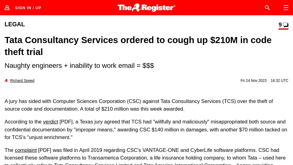 Screenshot of theregister.com: Tata Consultancy Services ordered to cough up $210M in code theft trial