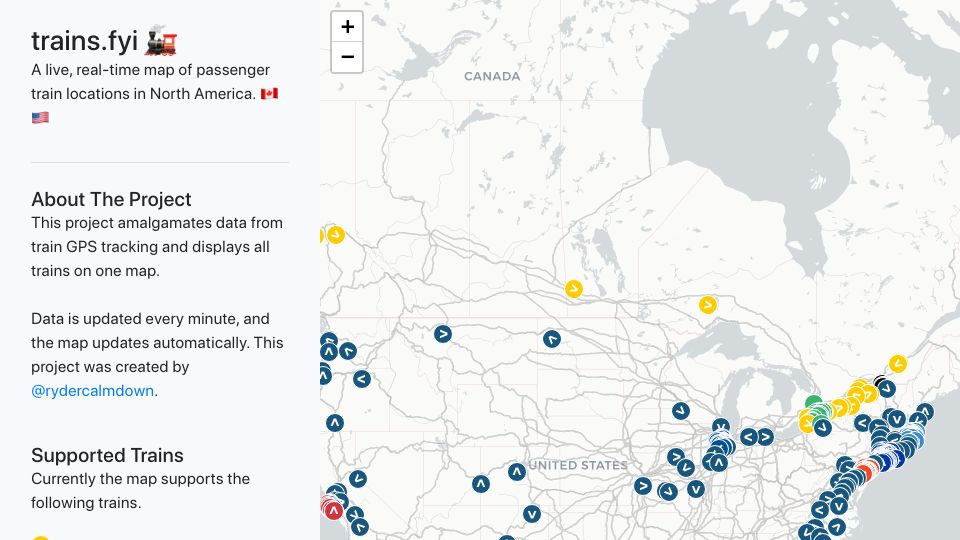 Screenshot of trains.fyi: Show HN: Trains.fyi – a live map of passenger trains in the US and Canada